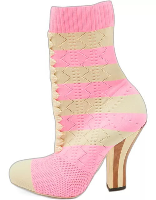 Fendi Pink/Beige Knit Fabric Rockoko Runway Openwork Ankle Boot