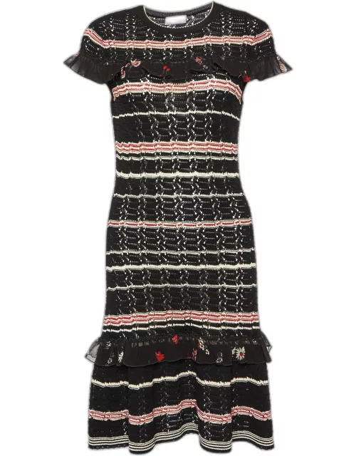 RED Valentino Black Perforated Knit Ruffled Dress