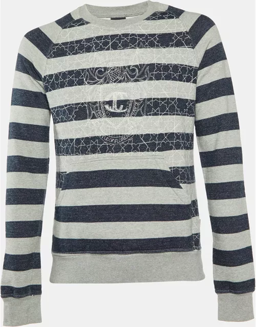 Just Cavalli Grey Striped Cotton Logo Embroidered Sweatshirt