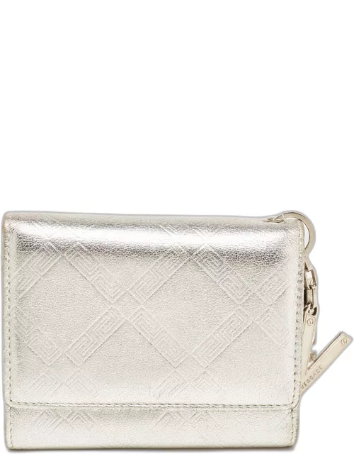 Versace Silver Embossed Leather V Charm Trifold Wallet