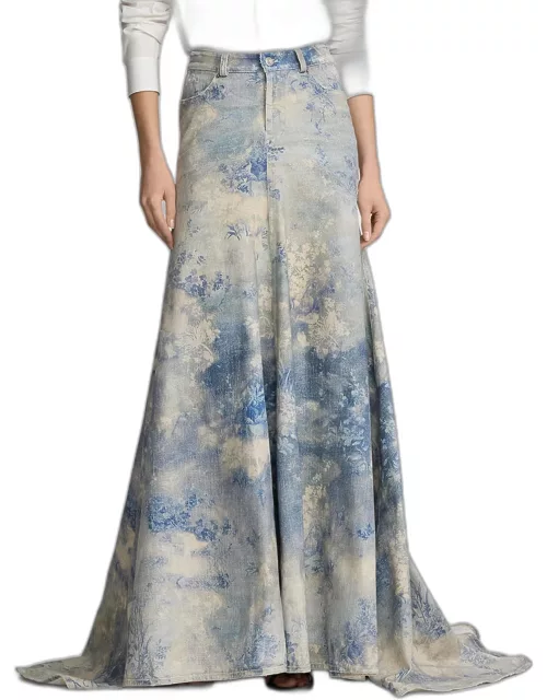 Brynley Floral-Print Denim A-Line Maxi Skirt