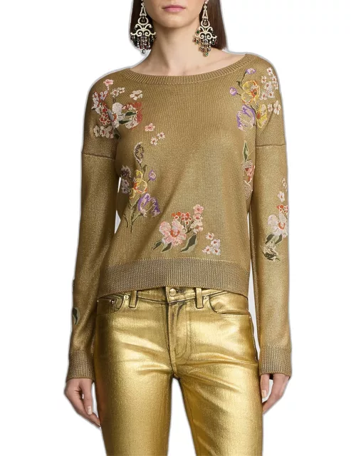 Crewneck Floral Embroidered Foiled Silk Pullover