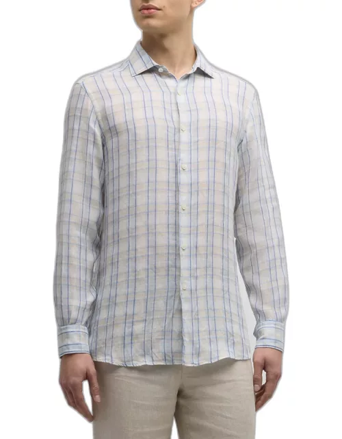 Men's Linen Check Casual Button-Down Shirt
