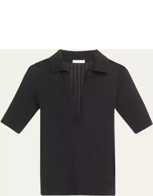 Elbow-Sleeve Silk Rib Polo Shirt