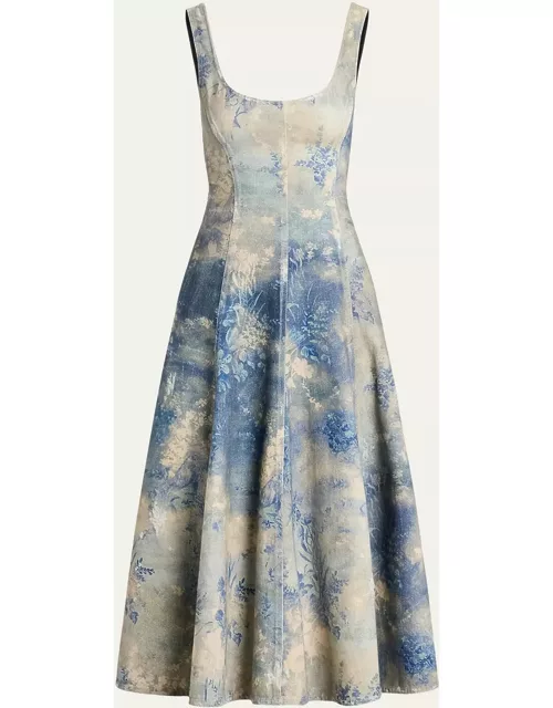 Tarian Floral-Print Sleeveless Lace-Up Denim Midi Dres