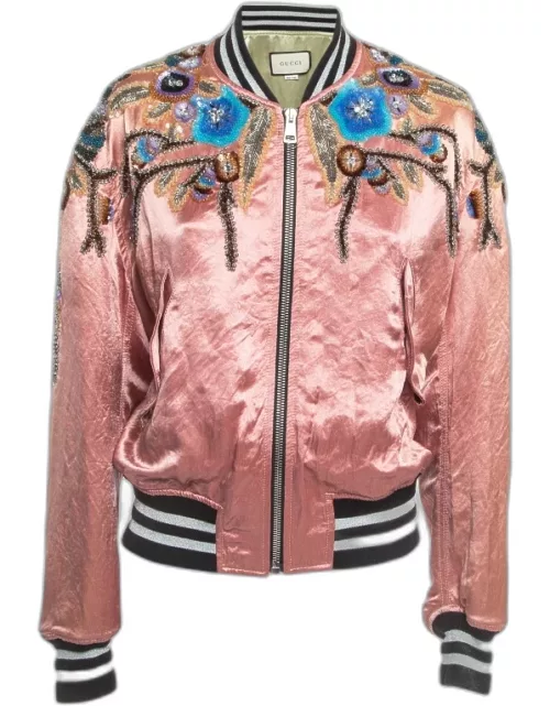 Gucci Pink Floral Sequin Embroidered Satin Bomber Jacket