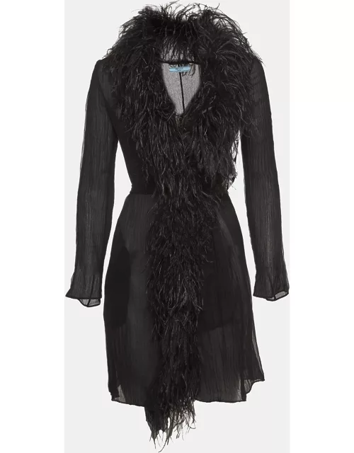 Prada Black Ostrich Feather and Silk Crinkle Semi Sheer Mid Length Coat