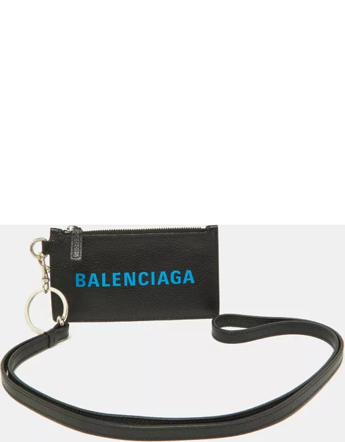 Balenciaga Black/Blue Leather Zip Card Holder with Strap