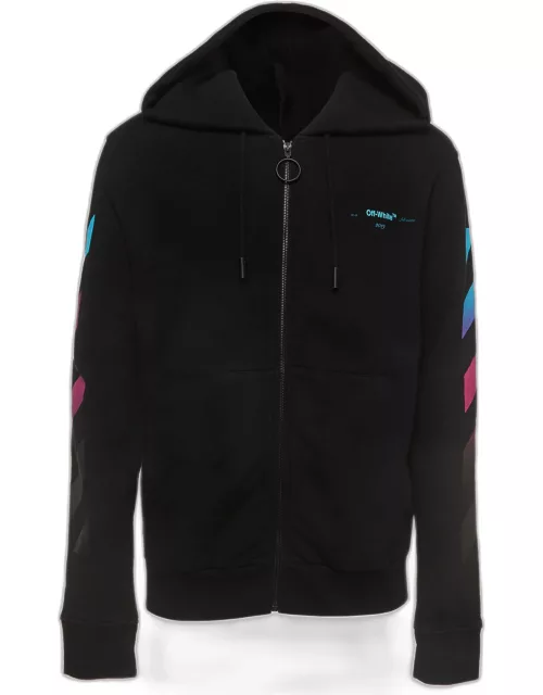 Off-White Black Logo Print Cotton knit Zip Front Hooded Jacket