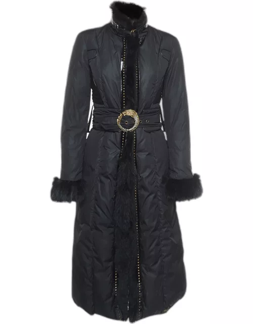 Roberto Cavalli Black Leather Trim Fur and Synthetic Belted Mid Length Coat