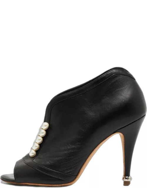 Chanel Black Leather CC Pearl Embellished Open Toe Bootie