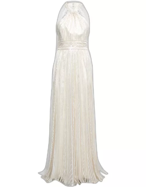 Elie Saab White Sequins Embellished Halter Neck Long Dress