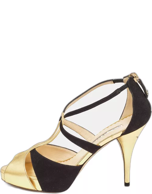 Oscar de la Renta Gold/Black Leather and Suede Ankle Strap Sandal