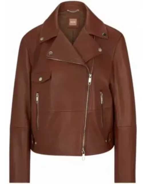 Leather jacket with signature lining and asymmetric zip- Brown Women's Leather Jacket