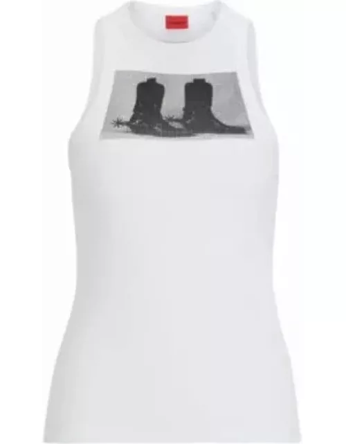 Stretch-cotton slim-fit tank top with boot print- White Women's Casual Top