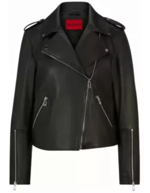 Regular-fit biker jacket in leather with asymmetrical zip- Black Women's Leather Jacket