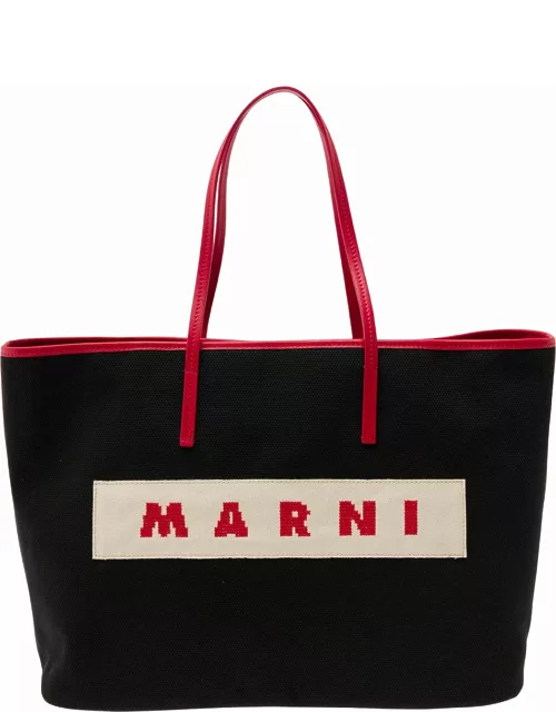 Marni small Janus Black Tote Bag With Logo Patch In Cotton Woman