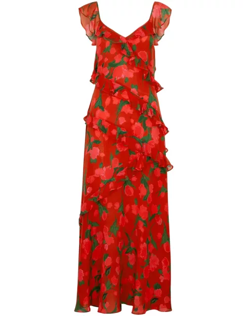 Rixo Gail Printed Ruffled Silk Maxi Dress - Red - L (UK 14 / L)