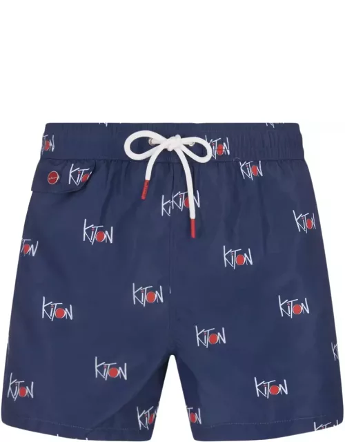 Kiton Navy Blue Swim Shorts With All-over Logo