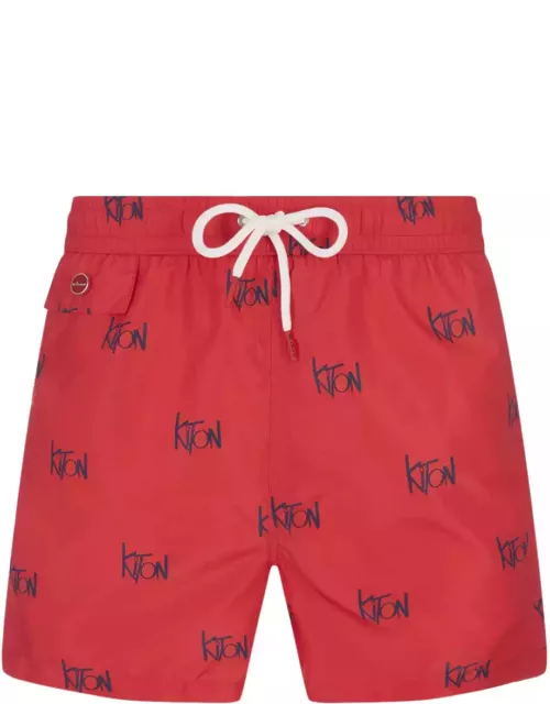 Kiton Red Swim Shorts With All-over Logo