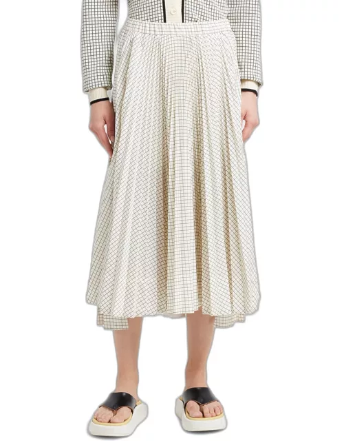 Grid-Print Pleated Midi Skirt