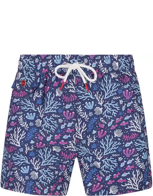 Kiton Blue Swim Shorts With Fish And Coral Pattern