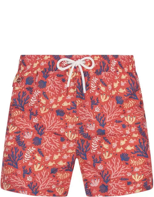 Kiton Red Swim Shorts With Fish And Coral Pattern