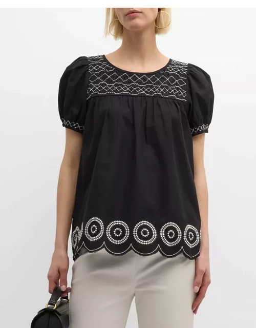 Whit Embroidered Scallop Raw-Cut Top