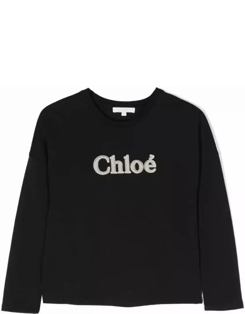 Chloé Chloe T-shirt Nera In Jersey Di Cotone Bambina