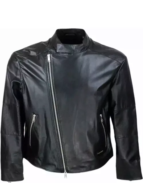 Armani Collezioni Jacket With Zip Closure Made Of Soft Lambskin With Perforated Leather Details. Zip On Pockets And Cuff