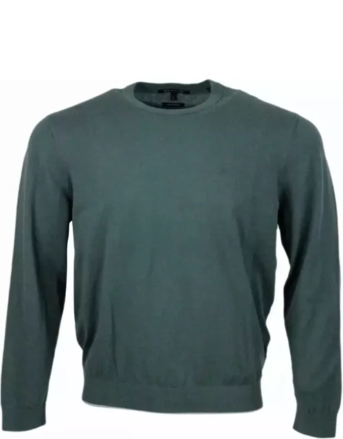 Armani Collezioni Lightweight Long-sleeved Crew-neck Sweater Made Of Warm Cotton And Cashmere With Contrasting Color Profiles At The Bottom And On The Cuff