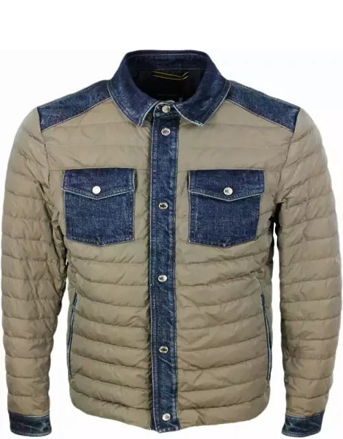 Moorer 100 Gram Light Down Jacket With Denim Inserts And Details. Internal And External Side Pockets And Button Closure
