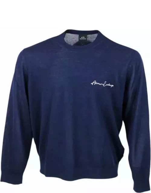 Armani Collezioni Lightweight Long-sleeved Crew-neck Sweater Made Of Wool Blend With Logo Writing On The Chest