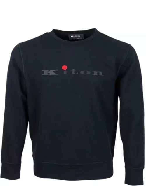 Kiton Long-sleeved Crew-neck Sweatshirt In Fine Stretch Cotton With Logo Writing On The Chest