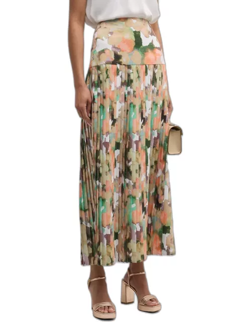 Pleated Watercolor-Print A-Line Maxi Skirt