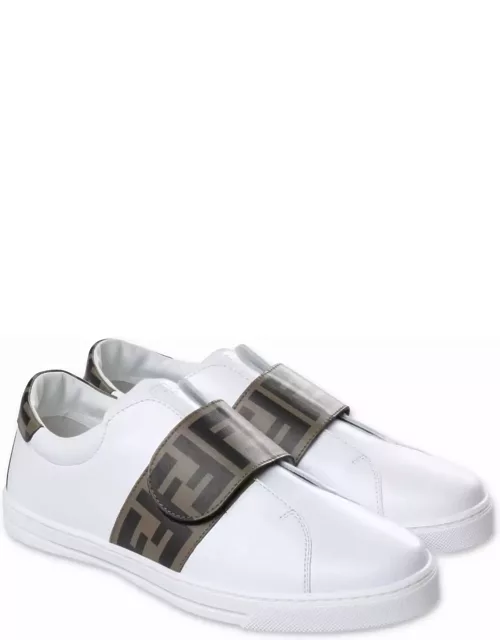 Fendi Sneakers Bianche In Pelle Con Dettaglio Zucca Print Bambino