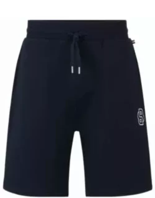 Cotton-terry shorts with double monogram and drawstring- Dark Blue Men's Loungewear