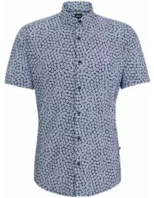 Slim-fit shirt in printed performance-stretch jersey- Dark Blue Men's Casual Shirt