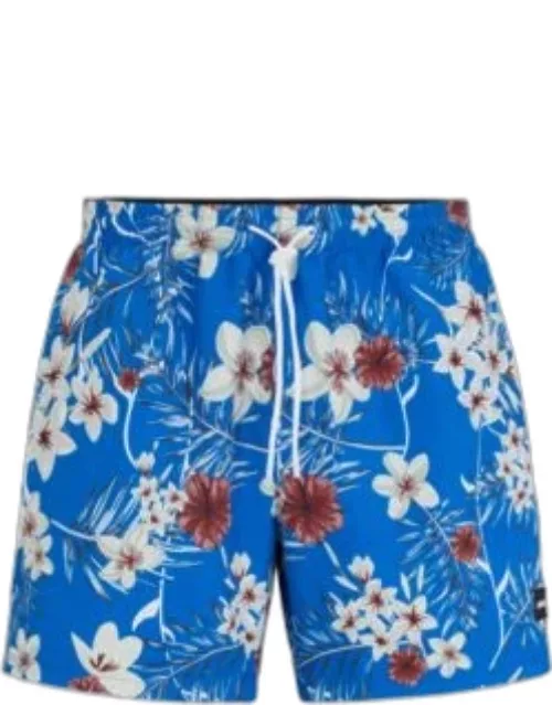 Tropical-print quick-drying swim shorts with logo badge- Blue Men's Swim Short