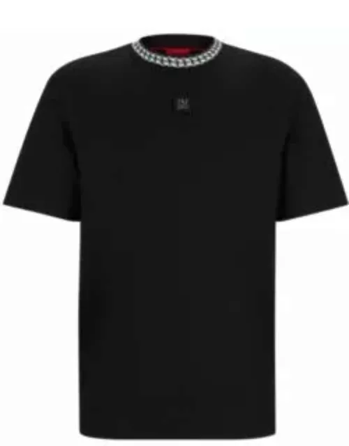 Interlock-cotton T-shirt with chain-print collar- Black Men's HUGO Your Way