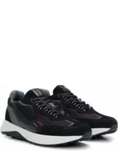 Leather lace-up trainers with mesh trims- Black Men's Sneaker