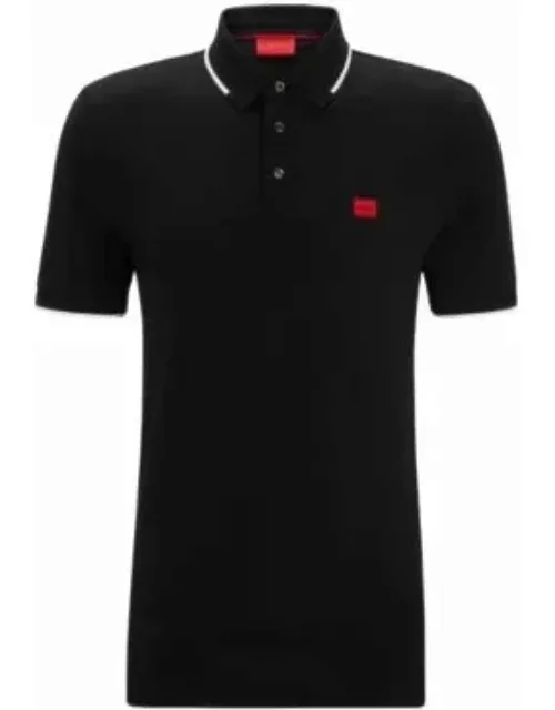 Cotton-piqu slim-fit polo shirt with red logo label- Black Men's Polo Shirt
