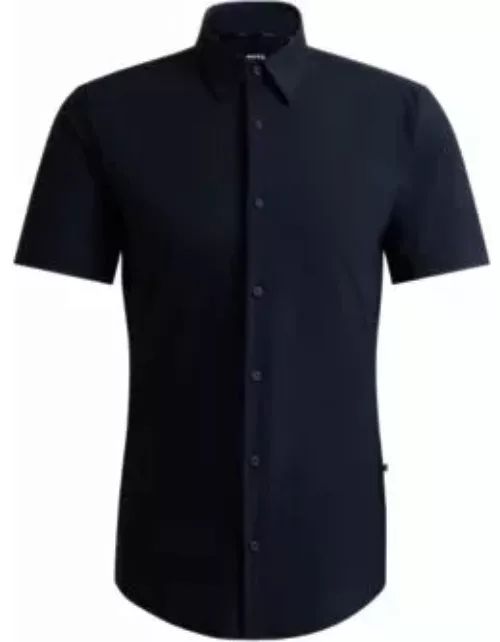 Slim-fit shirt in performance-stretch jersey- Dark Blue Men's Casual Shirt
