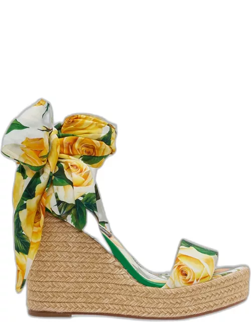 Floral Silk Ankle-Wrap Wedge Espadrille