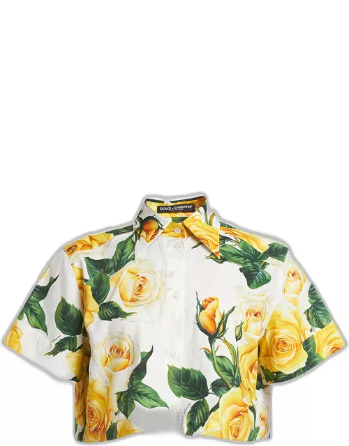 Yellow Rose Floral Cropped Button-Front Shirt