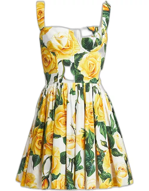 Yellow Rose Floral Print Mini Dress with Corsetry Construction