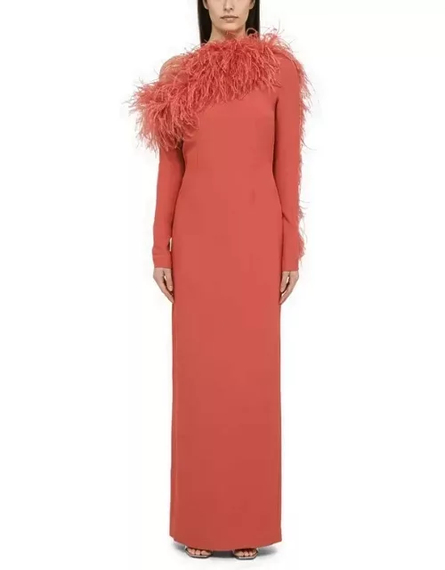 Peony-coloured long dress with feather