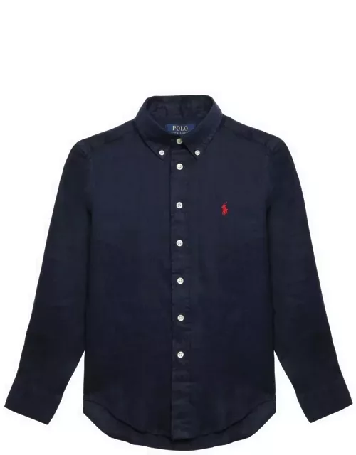 Navy blue linen button-down shirt