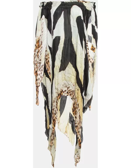 Roberto Cavalli Black Animal Print Silk Off-Shoulder Asymmetric Kaftan Dress