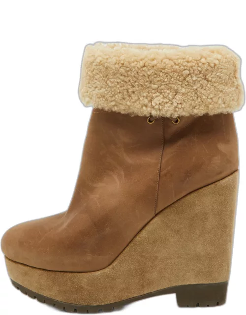 Sergio Rossi Brown Suede Leather and Calfhair Wedge Ankle Boot